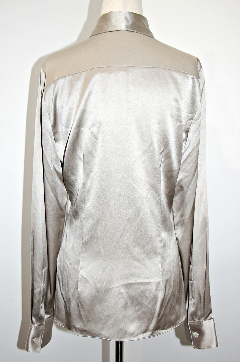 Theory Classic Fitted Silver Grey Stretch Satin Button Up Theory Classic Fitted Silver Grey Stretch Satin Button Up