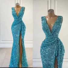 Sexy V Neck Slit Blue Evening Prom Party Dresses Sequins Celebrity Gowns