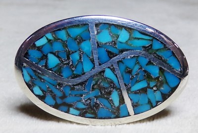Sterling Silver Mosaic Blue Turquoise Inlay Sz 5.75 Ring 10.6g Navajo Shield 