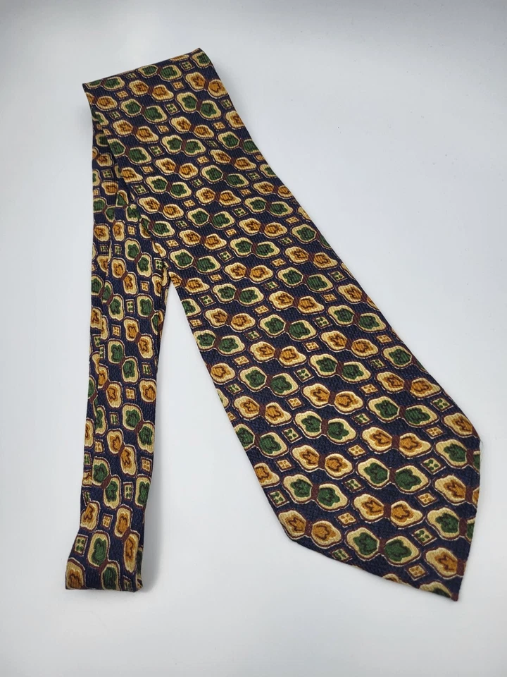 Corbata de seda Ungaro azul dorado verde geométrica para hombre Italia corta 54 x 4 Foto 2 de 4