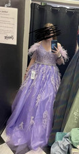 Women's Purple Long Ballgown Prom Dress V-Neck Corset Tulle M Feather Beaded