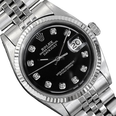Rolex Mens Datejust White Gold & Steel Black Diamond Dial Fluted 36Mm Watch 1601