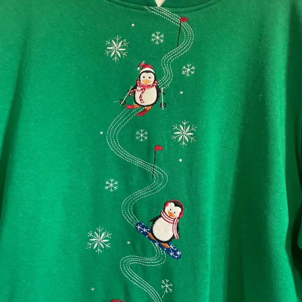 Shenanigans XL Verde Navidad Pingüino Esquí Sudadera Bordada Foto 3 de 4