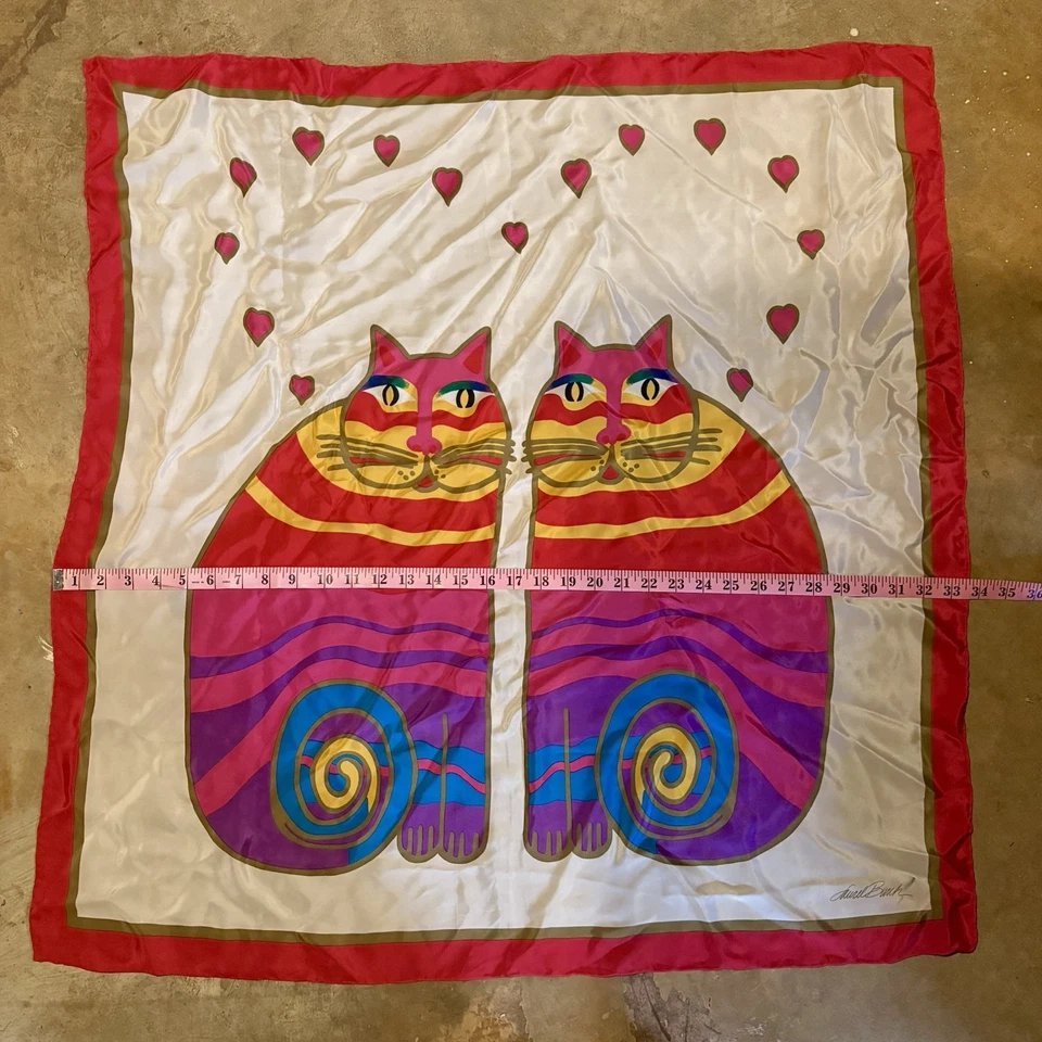 Laurel Burch Caprichoso Gatito Gato Par Corazones Blanco Felino Seda Bufanda Cuadrada 33” Foto 4 de 4