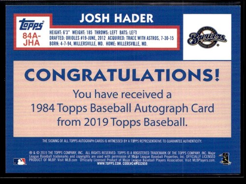 2019 Topps Autographs 1984 Josh Hader Auto Milwaukee Brewers #84A-JHA - Picture 2 of 2