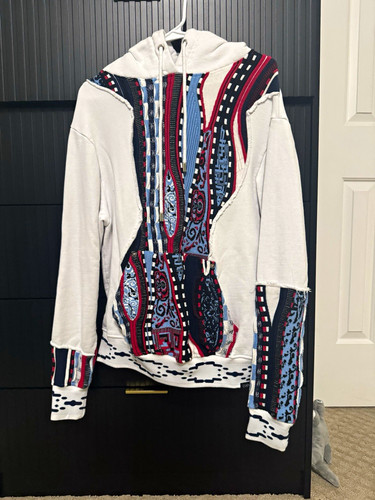 COOGI Men's Pullover Hoodie Size M White/Multicolor Geometric Knit Cotton