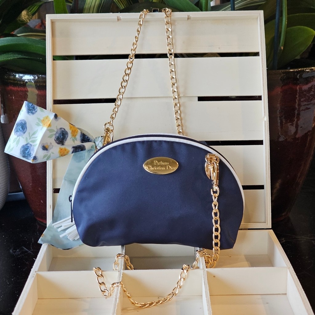 Christian Dior Navy Blue Clutch w/Crossbody Chain, Tassel, & Twilly Added