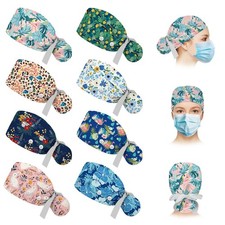 8PCS Scrub Caps Women Nursing Hats with Buttons Adjustable Tie Back Working C...