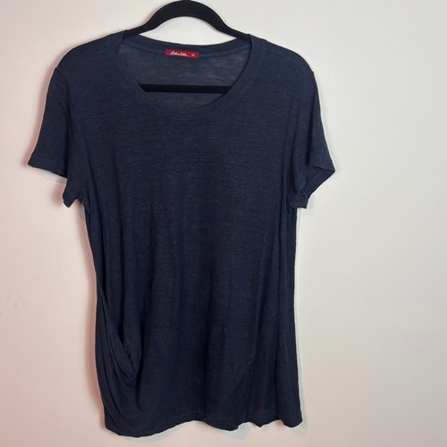Barbara Lesser Womens 100% Linen Navy Blue Tunic Tee sz MED boho Lagenlook art