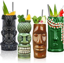 Tiki Mugs Cocktail Set of 4 - Large Ceramic Hawaiian Party Mugs Drinkware, Cute