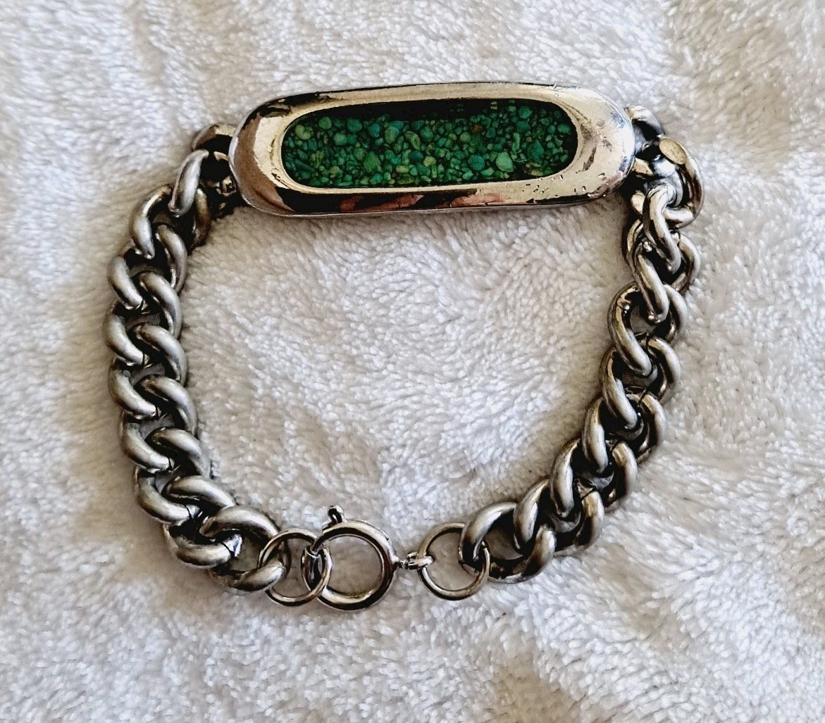 Vtg Celebrity Green Turquoise Mosaic ID Bracelet Chunky Curb Chain Boho Western 