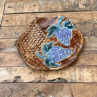 Studio Art Pottery Trinket Plate Dish 7.5'' Decor Textured With Grapes Flower