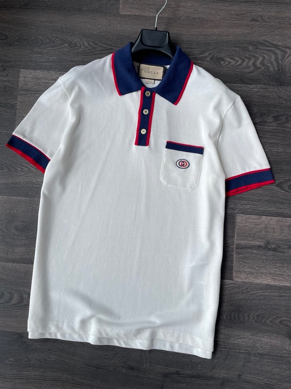 Gucci Men's White Cotton Pique Polo Shirt Web Collar Interlocking G Patch Size L image 2