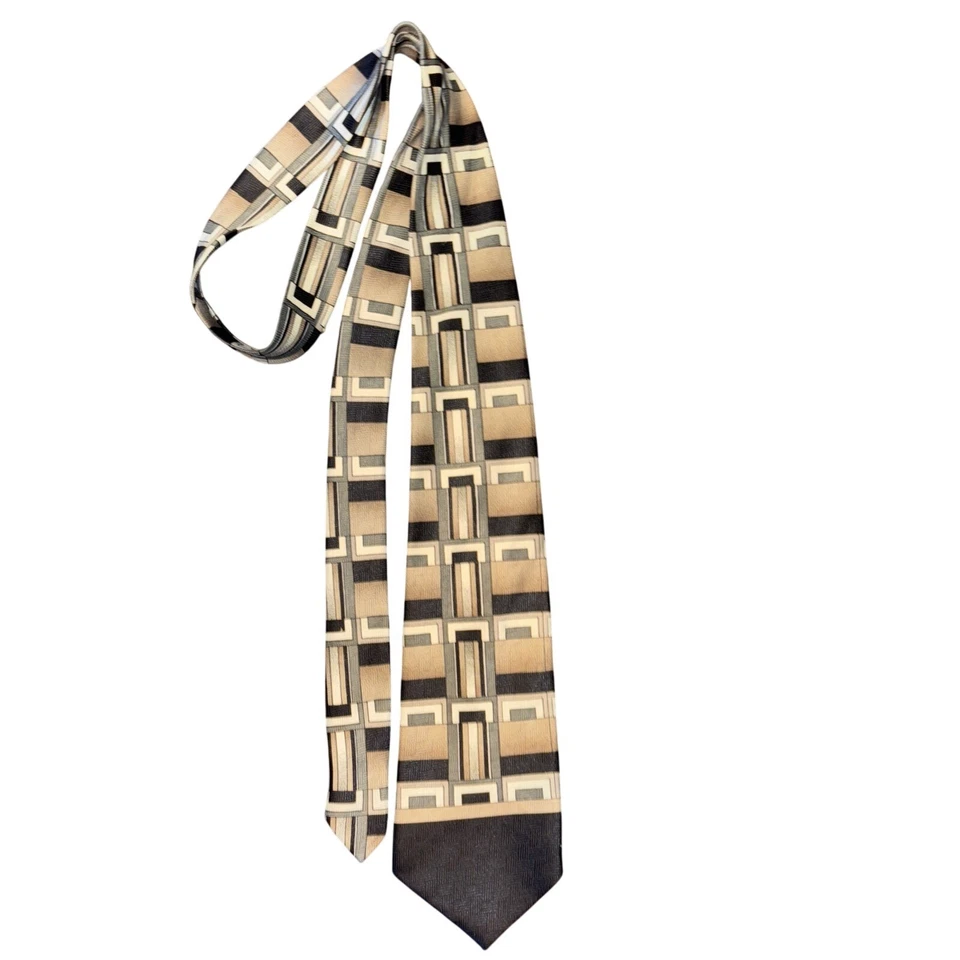 Corbata Florence vintage de seda para hombre, diseño geométrico blanco/negro/bronceado/verde Foto 2 de 4