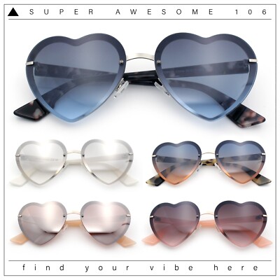 Womens Retro Luxe Hippie Rimless Heart Shape Metal Rim Sunglasses