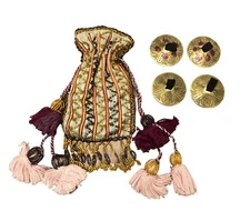 Vtg Solid Brass Belly Dancing Finger Cymbals Castanets 2 Sets w Vtg Beaded Bag