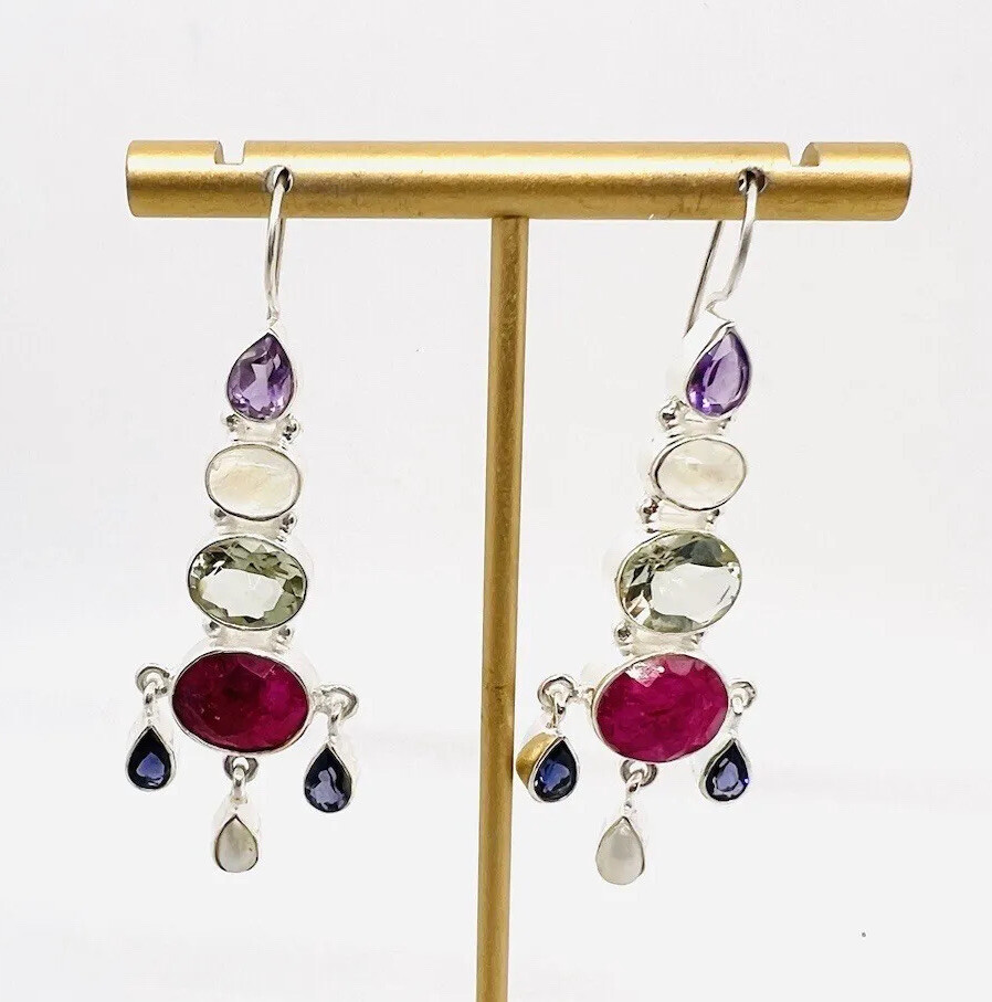 Large Sterling Silver Ruby & Multi Gemstone Drop … - image 5