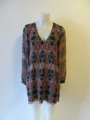 WOMENS LAVENDER BROWN MULTI-COLORED V-NECK SILK SHIFT DRESS SZ S *