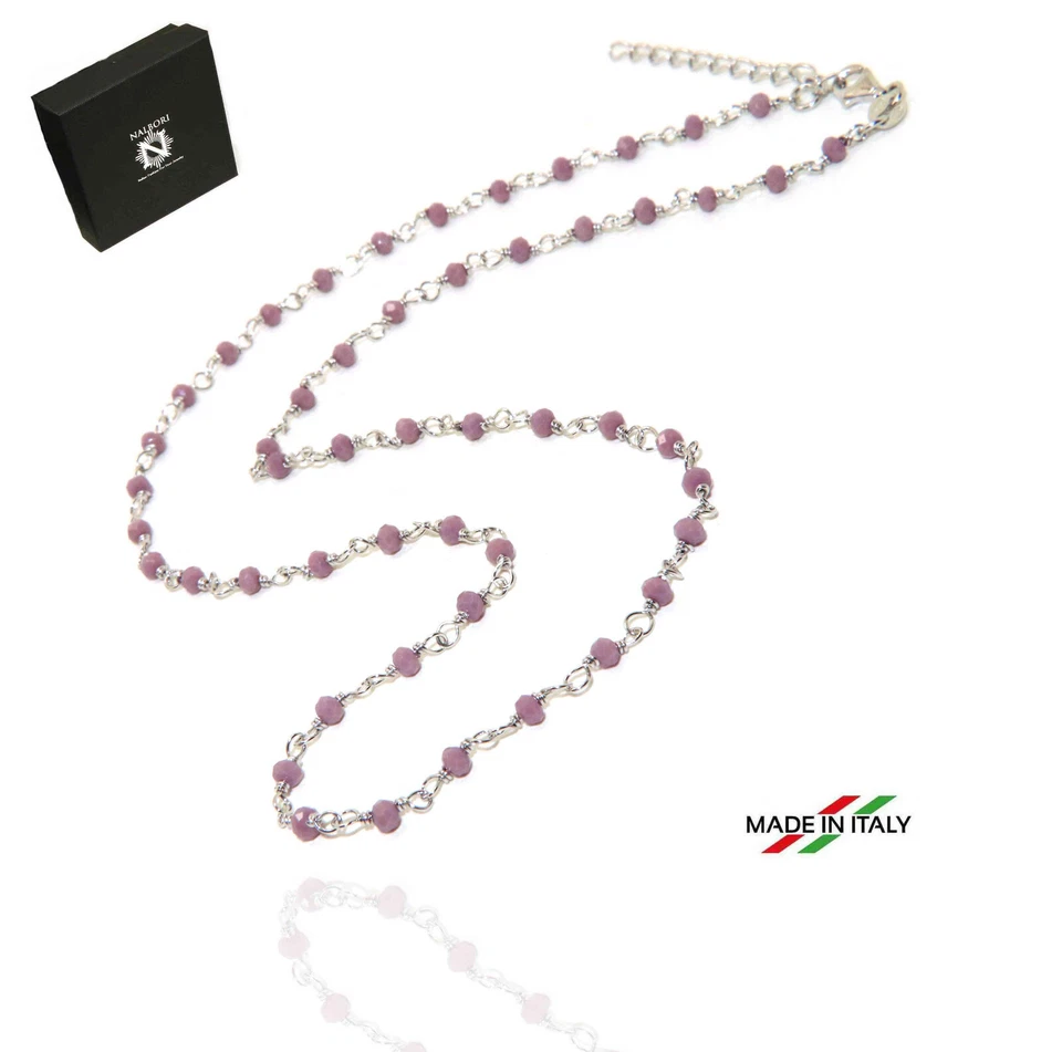 collana Argento 925 marsigliesi cristallo opaco viola malva 50 cm regolabile - Immagine 3 di 4