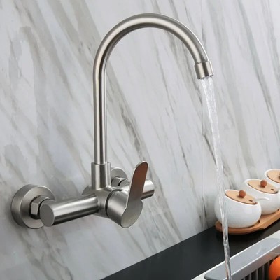Stainless steel double hole wall mounted cold and hot water faucet