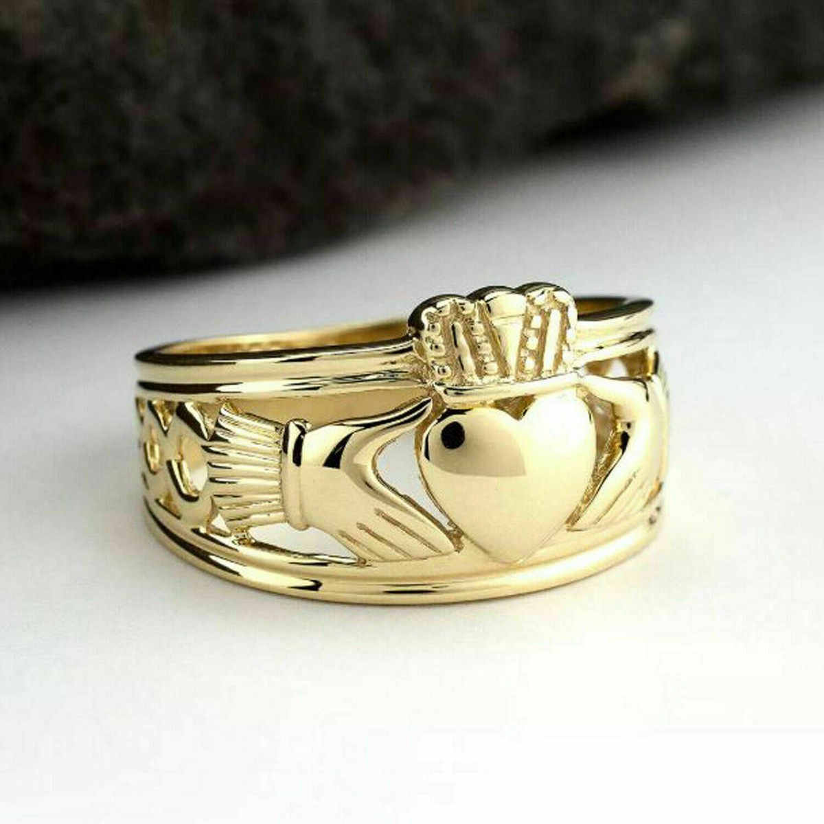10K Real Solid Yellow Gold Engagement Wedding Mens Claddagh Ring
