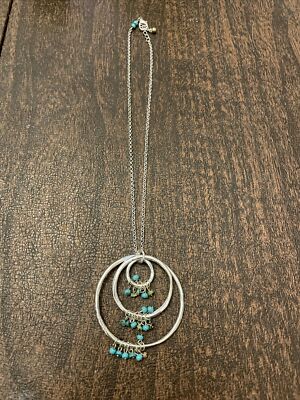 Silvertone 3 Ring Necklace W/ Turquoise Colored Seed Beed Lobster Clasp16  Chain