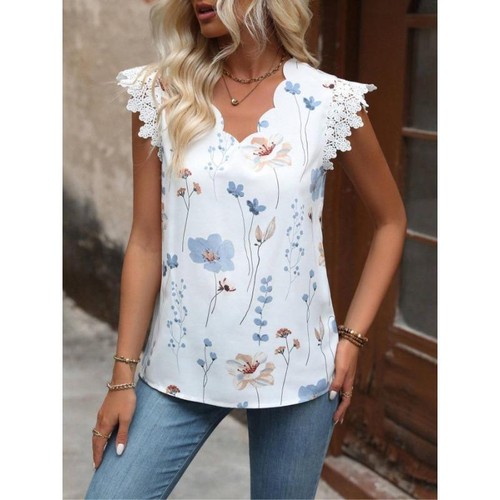 Women V Neck Lace Petal Sleeve Blouse Women Floral Print Casual Shirts Tops - Picture 2 of 5
