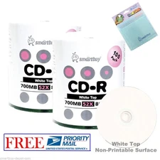 200 Pack Smartbuy White Top 52X CD-R 700MB 80Min Disc + FREE Micro Fiber Cloth