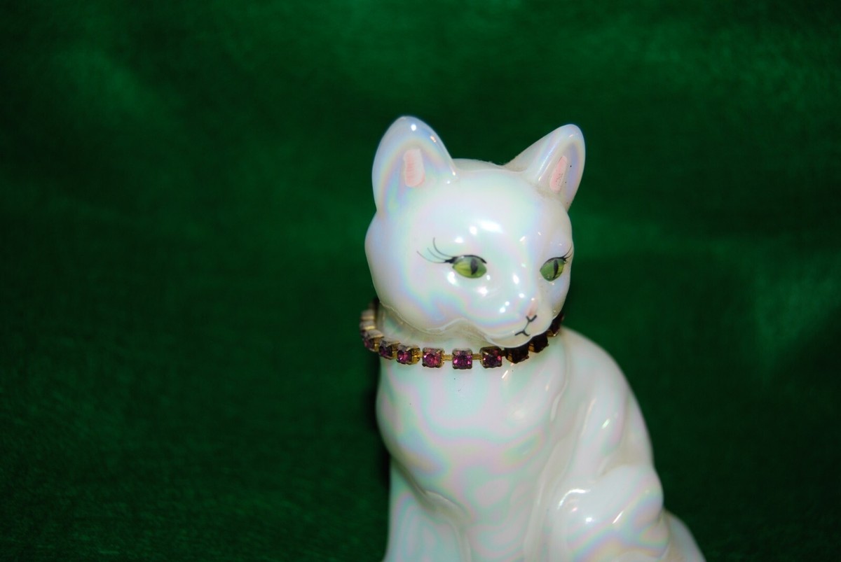 FENTON Glass Cat Figurine Iridescent Milk Glass Ruby Collar Signed