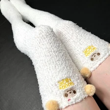 Long Fuzzy Knee Socks White Pajama Bear Furry Thigh Highs Brown Animal Print New