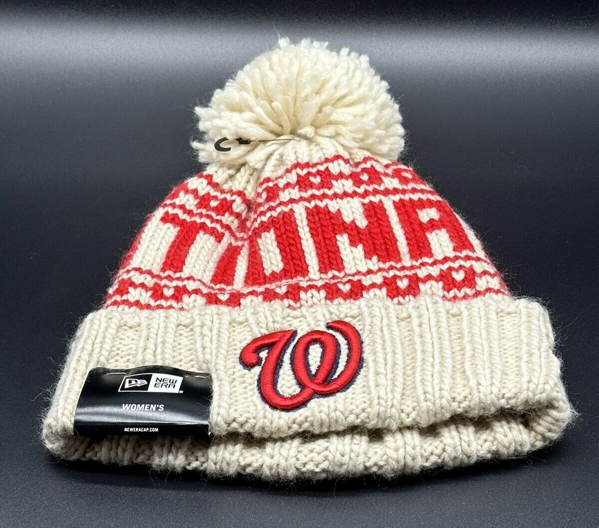 Washington Nationals New Era Womens Knit Hat Beanie Pom Cream/Red NEW