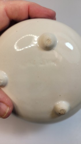 Vintage Ceramic Butter Bowl Cream w/ Blue Stripes Strawberry Pattern 4'' - Picture 7 of 7