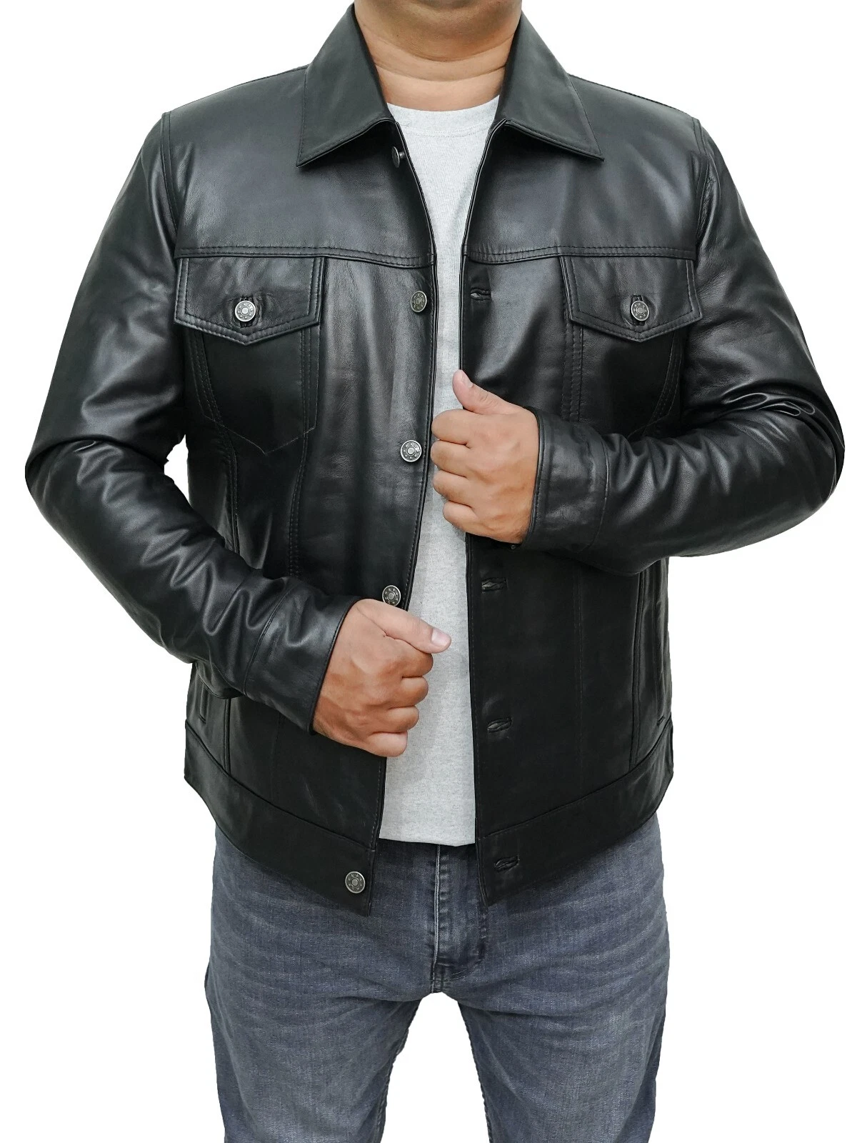 Men's New Stylish Trucker Moto Biker Racer Real Lambskin Black Leather Jacket