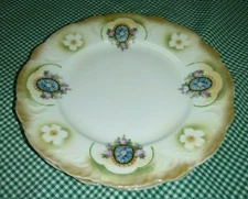 2 Vtg 7.5 German Lustre Plates 4 Blue Forget Me Not Panels Framed w/ Pink Roses 