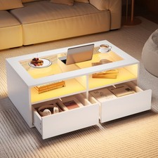 White High Gloss Coffee Table Centre Table with 2 Drawers & LED Light, Glass Top