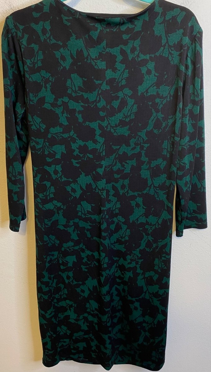 chaps green dress Ralph Lauren CHAPS Green Black Floral Faux Wrap Sheath Dress Long Sleeve  Stretch