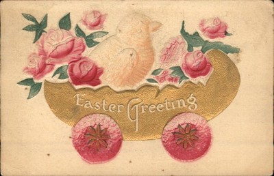 Easter Easter Chick Cart Anthropomorphic Embossed c1910s-20s Vintage Postcard