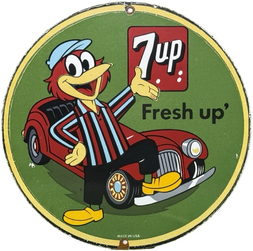 VINTAGE 7UP SODA POP PORCELAIN SIGN GAS STATION PUMP PLATE MOTOR OIL PEPSI COLA