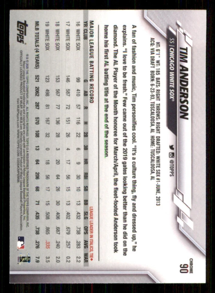 2020 Topps Chrome Prism Refractors #90 Tim Anderson - Image 2 of 2