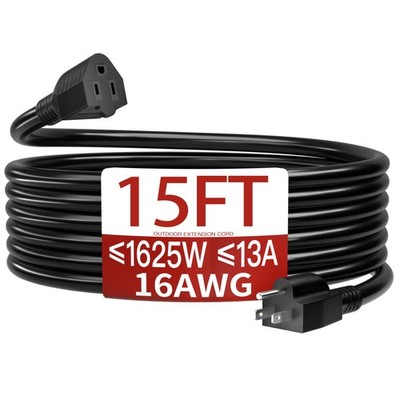 Skrizcable 16/3 13A 125V 1625W 15 FT Outdoor Extension Cord 15FT, Black