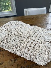 Large Vintage Hand Crochet Lace Tablecloth Ivory Floral Medallion 94x66