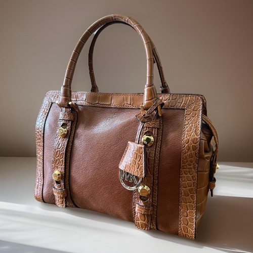 Michael Kors Collins Studded Satchel Brown Leather Croc Embossed MK Handbag