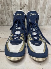2007 Asics Cael Sanderson V3.0 RARE Wrestling Shoes Navy Gold JY700 Sz 9.5 (h)