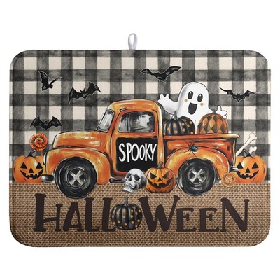 Halloween Decorations Buffalo Plaid Pumpkin Ghost Truck Dish Drying Mat 18x24''