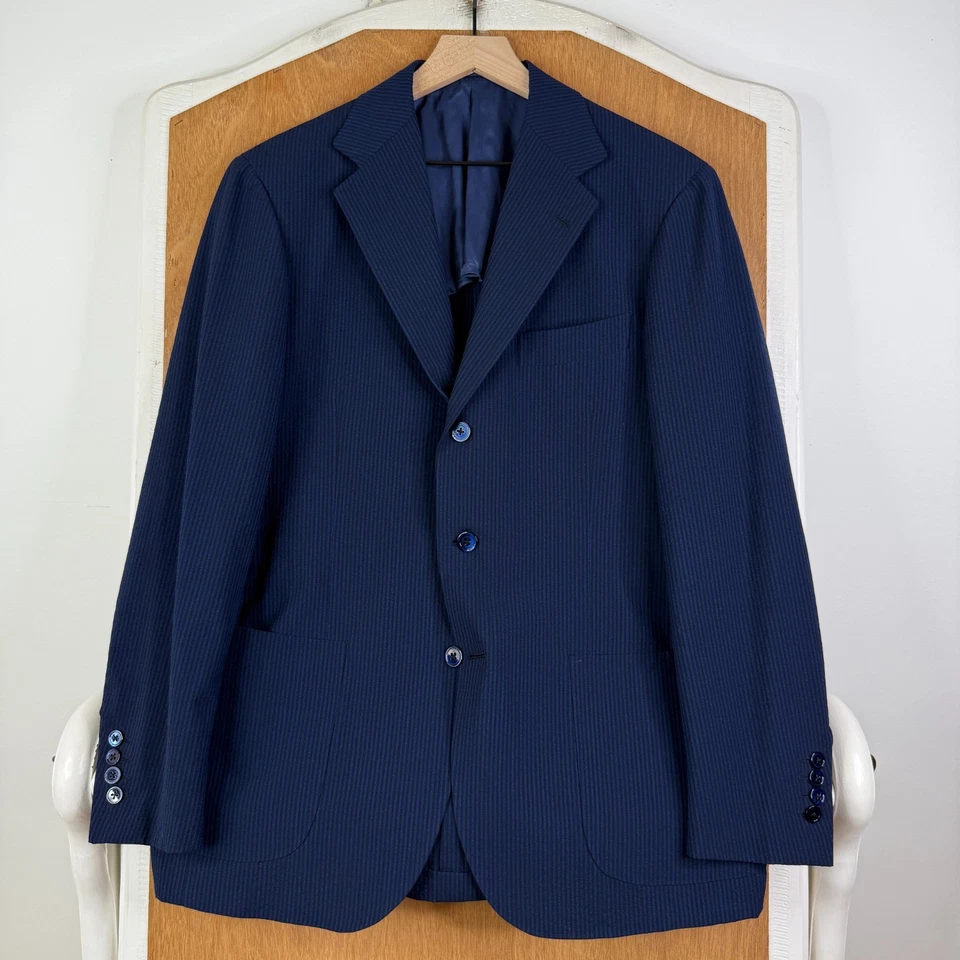 Chaqueta Blazer Anillo Para Hombre 42R Azul Marino Rayas 3 Botones 100% Lana Lona Cirujano Foto 2 de 4