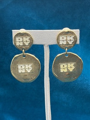 Vintage DKNY Logo Drop Earrings Gold Tone Clip on 1994 Signed 1 7/8''