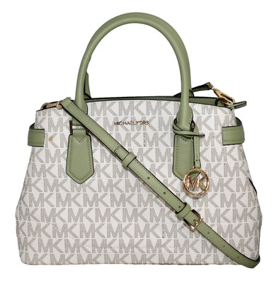 MICHAEL KORS Lynn Large Convertible East West Satchel Vanilla Logo Green Leather