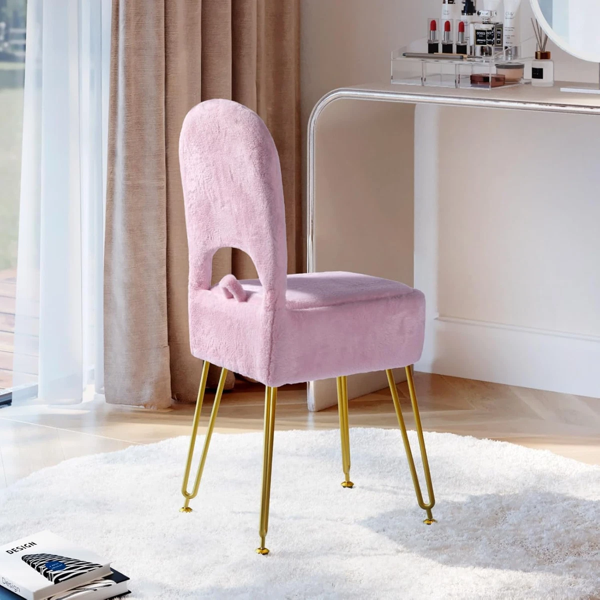 Gold Legs Dressing Table Chair Blush Pink Furniliving Armless Makeup Chair,  Modern Accent Vanity Stool For
