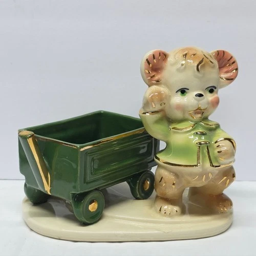 Vintage 60s Shawnee Pottery Rare Gold Trim Bear Wagon Planter Figurine