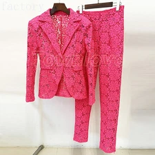 Womens Runway Two-piece Sets Suits Water-soluble Lace Occident Jacket +pants